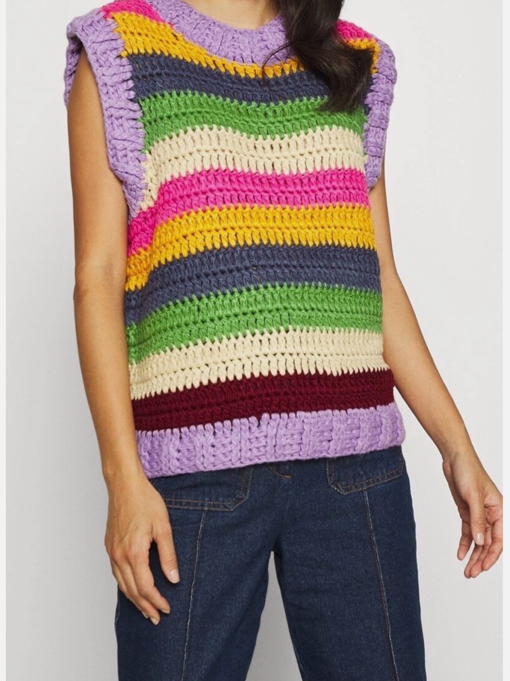 FARM RIO Striped Crochet Knit Sleeveless Top in Pastel Multi-Color